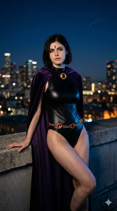 Riven character, urban rooftop night scene, cinematic photography