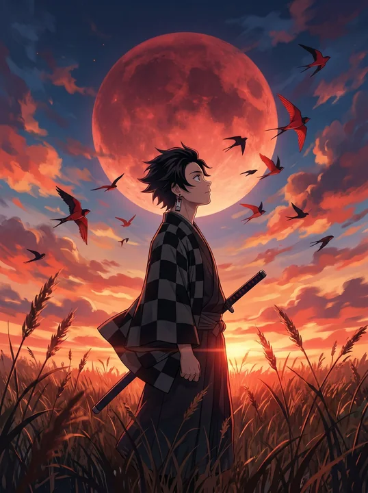 Kimono anime samurai above the Red Moon Wasteland