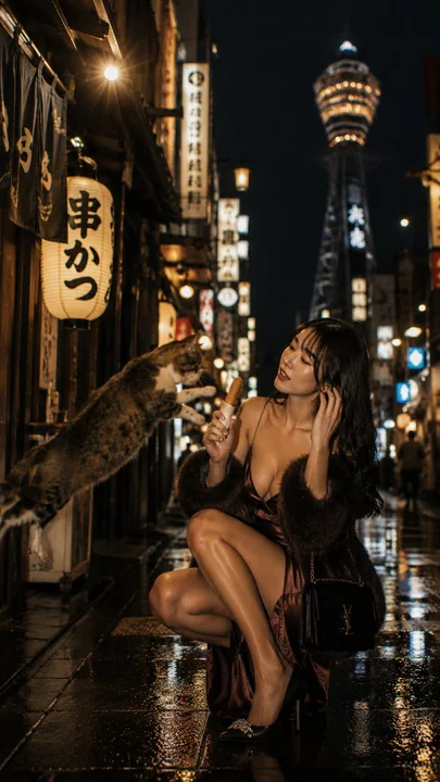 Cinematic street photography of a woman and a cat in an Osaka alley
