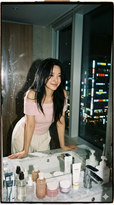 Film-like bathroom mirror portrait photography