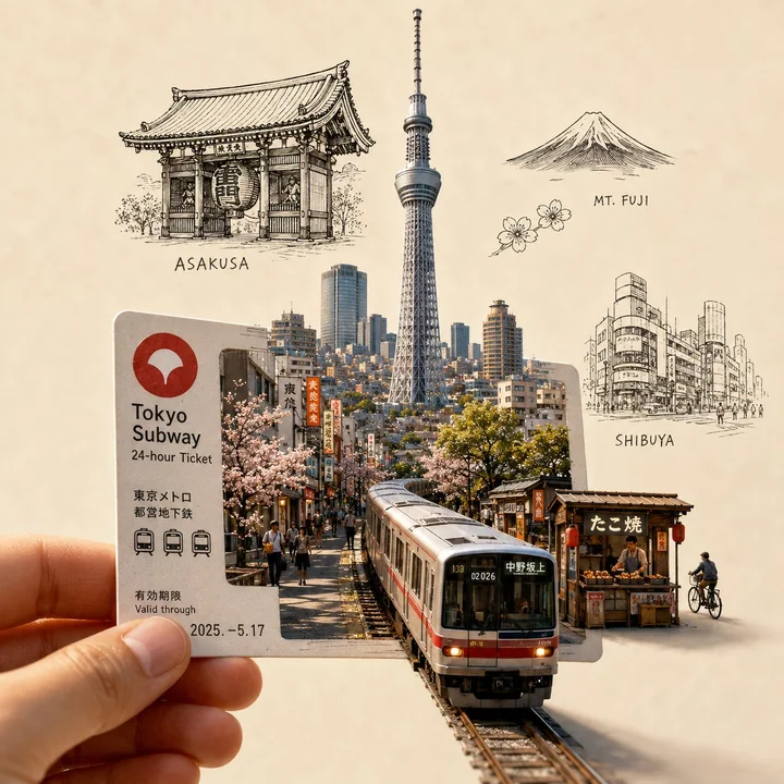 City ticket miniature landscape travel art illustration