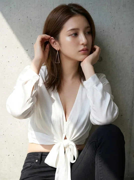 Close-up of an Asian girl in a white shirt and black jeans