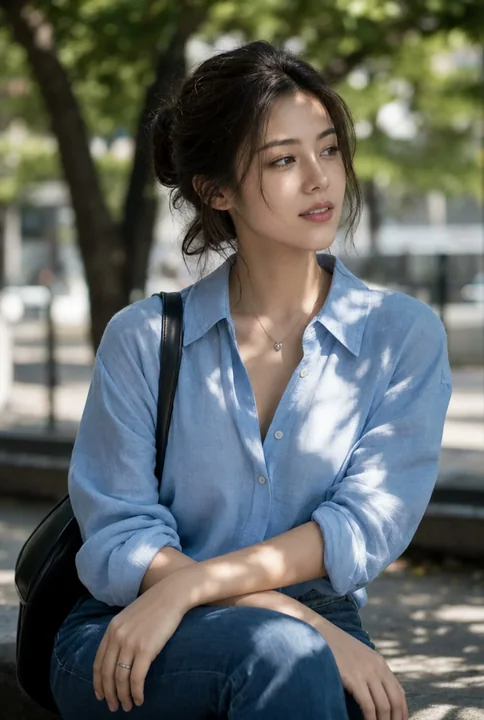 屋外の陽光の下で撮影された、アジア系の若い女性の公園ポートレート