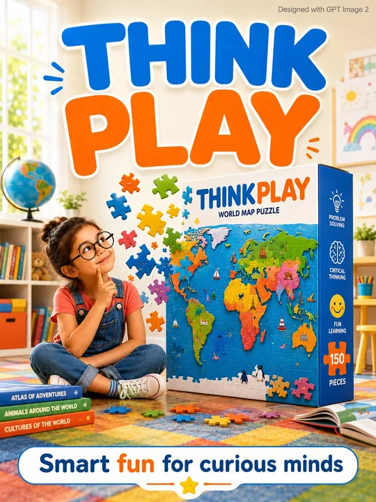 Curious Girl and Giant Puzzle Educational Poster