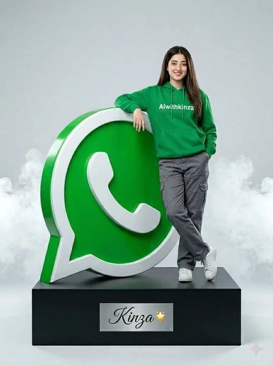 緑色のスウェットを着た女性と巨大なWhatsAppのロゴが描かれた超現実的な人像