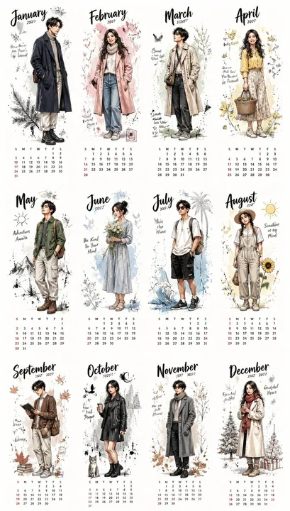 2027年韩系手绘插画风格桌面台历