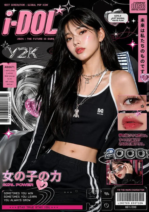 Affiche de mode de luxe rétro pop Y2K avec une femme asiatique