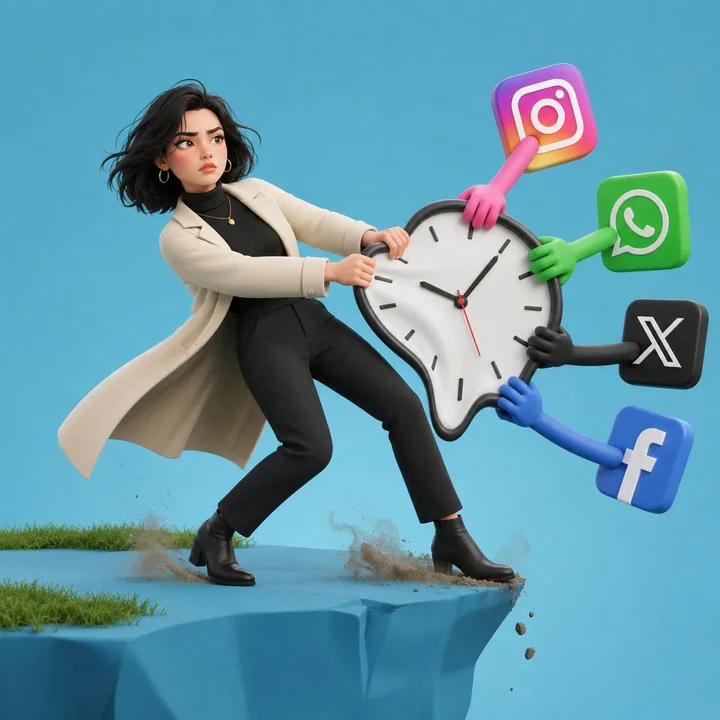 Pixar-style woman and social media icons compete for a melting clock