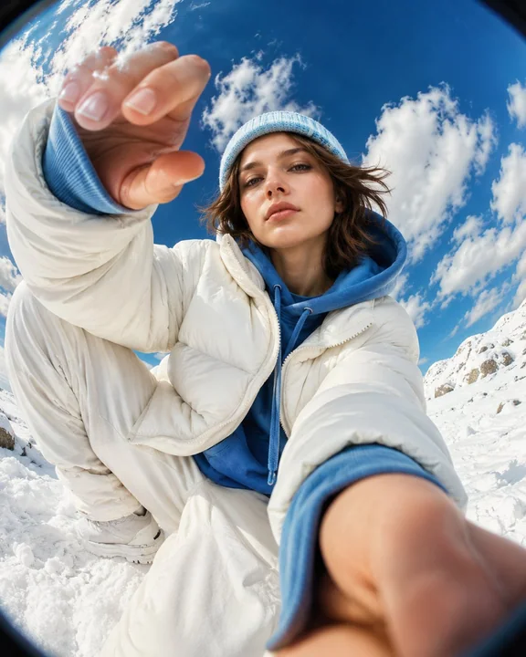 Portrait en plongée au fisheye avec vêtements streetwear haut de gamme