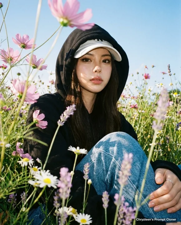 黒いフード付きジャケットの少女を野の花の間から上から撮影