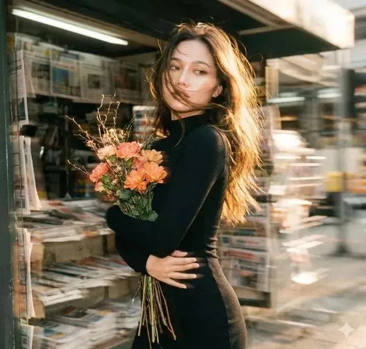 Retro Film-Style Flower-Holding Girl with Dynamic Blur Portrait