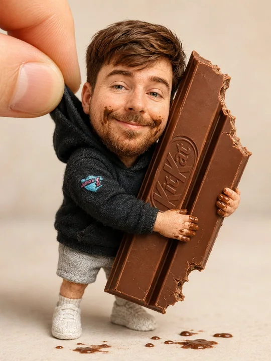 Handmade doll holding a giant chocolate bar prompt