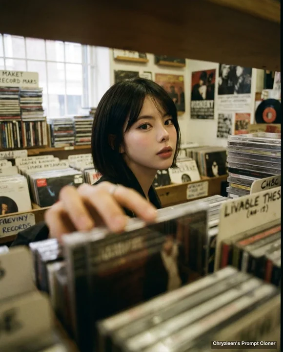 Looking back in a record store, realistic film photography