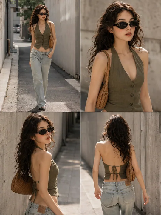 Photo de mode street style coréen, haut dos nu vert olive et jean