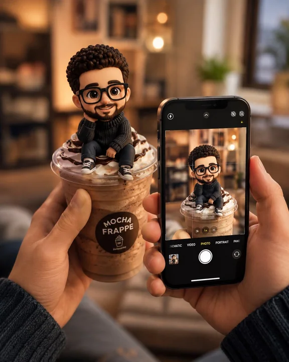 Garçon chibi assis sur un gobelet de frappé moka, rendu 3D