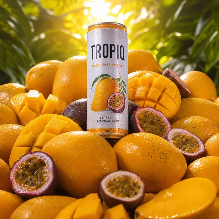 Hyper-realistic mango passion fruit drink product photography