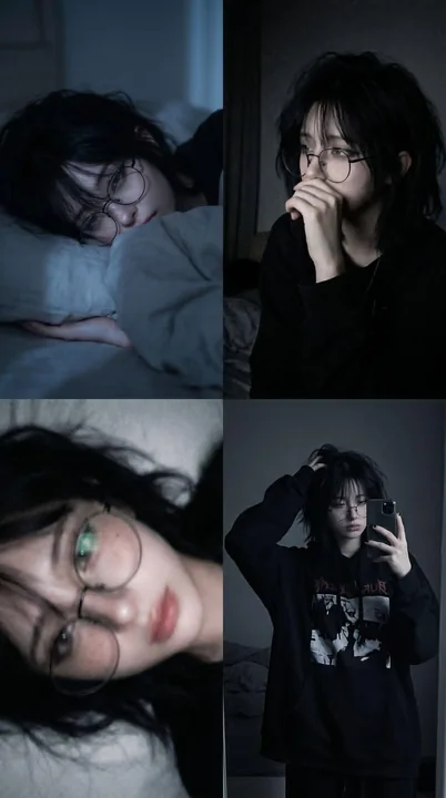 Mood atmosphere black-haired glasses boy bedroom film collage