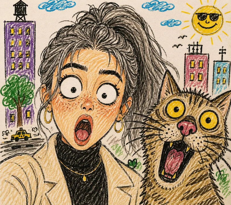 惊讶女孩与搞怪猫咪自拍蜡笔插画