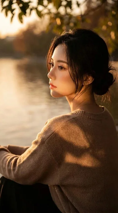 湖边金辉电影感秋季人像
