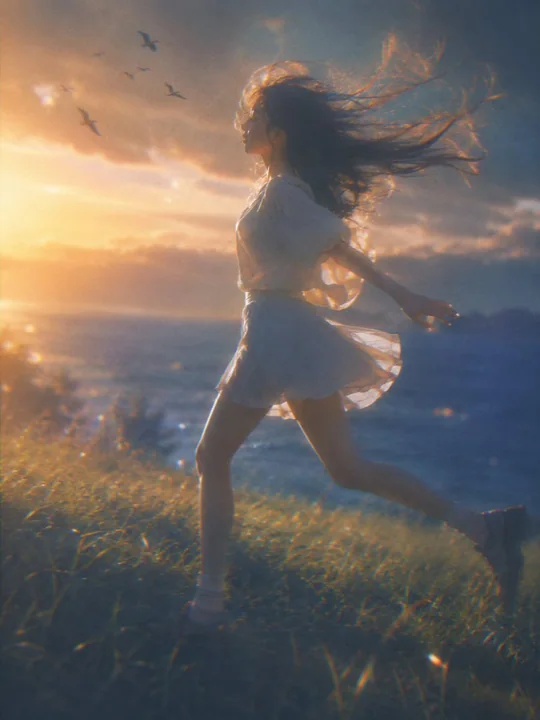 日系梦幻诗意半写实夕阳逆光插画