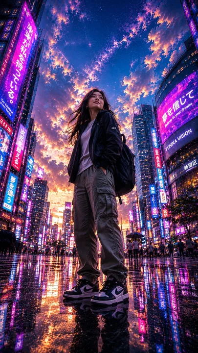 雨后现代都市街头菲律宾女性仰拍视角