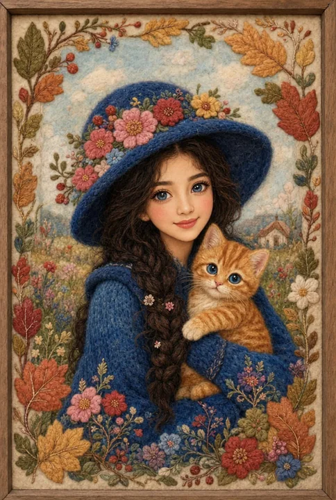 羊毛毡刺绣风格亚洲女性与小猫插画