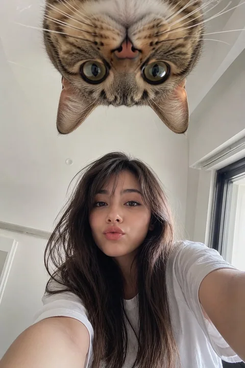 日本少女与倒挂猫咪低角度手机自拍