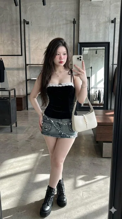 极简工业风咖啡馆亚裔美女全身镜面自拍