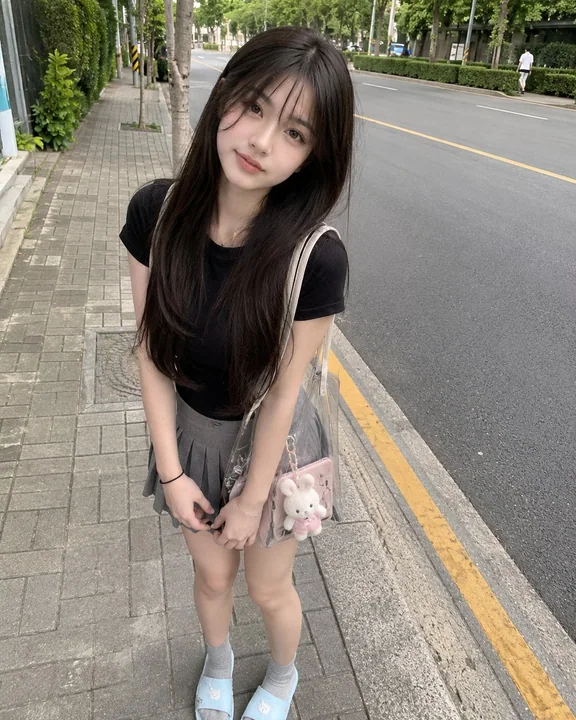 街道旁穿黑色T恤的日本少女生活快照