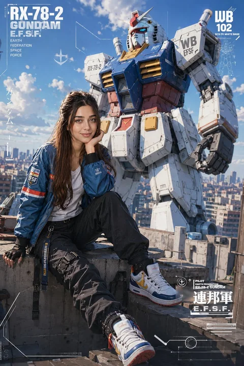 半写实动漫少女与巨型高达天台合影
