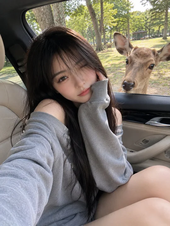 豪车内与鹿互动的日本少女生活照