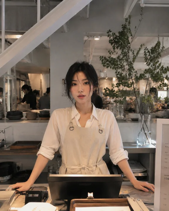 现代咖啡馆超写实女性员工服务瞬间