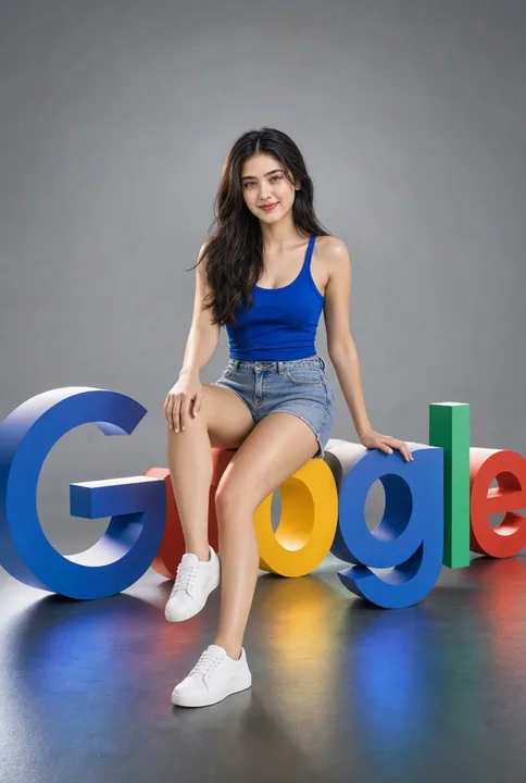 巨大Messenger图标旁的女性AI创意者