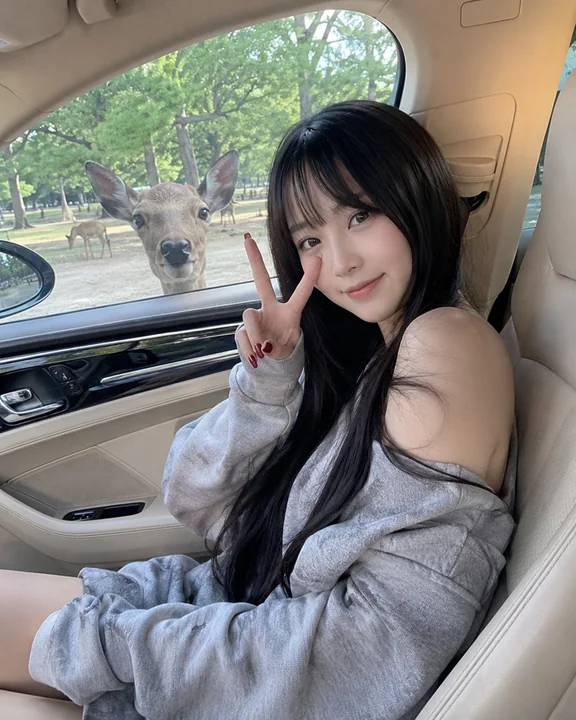 豪车副驾少女与窗外好奇小鹿