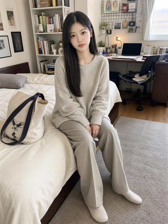 舒适公寓卧室中的年轻日本女性生活快照