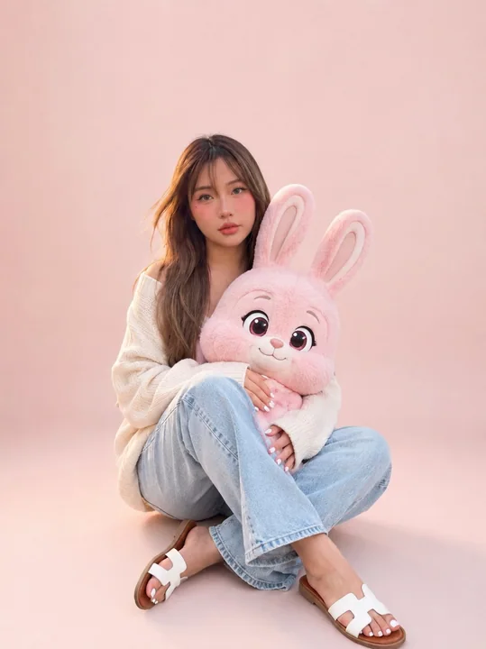 奶油色毛衣与粉色卡通大兔子写真