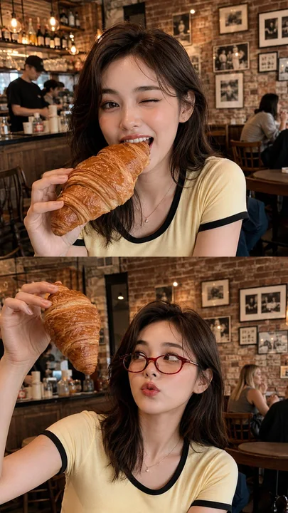 咖啡馆吃牛角包的时尚少女生活照