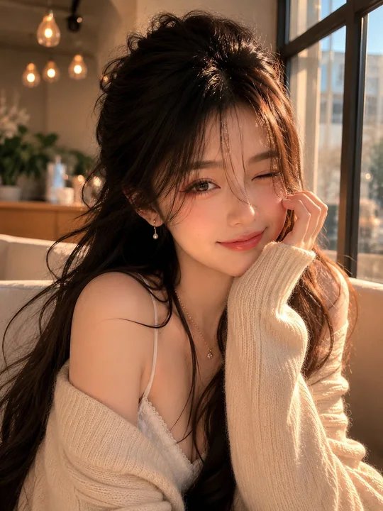 窗边金辉下的东亚美女红色针织开衫肖像