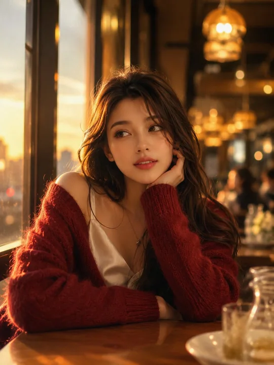 超写实奢华咖啡馆红毛衣氛围美女