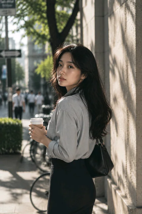 东京街头持咖啡的优雅亚洲女性