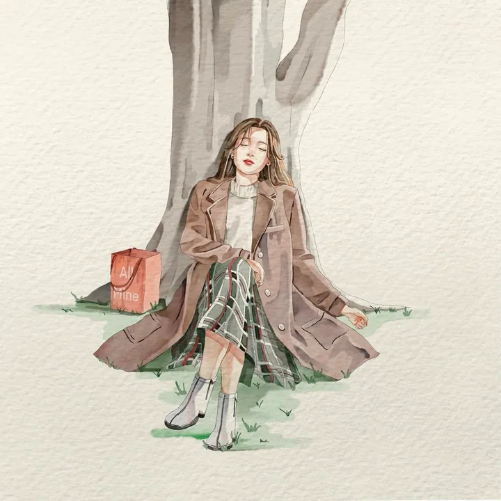 极简水彩少女手绘日系插画