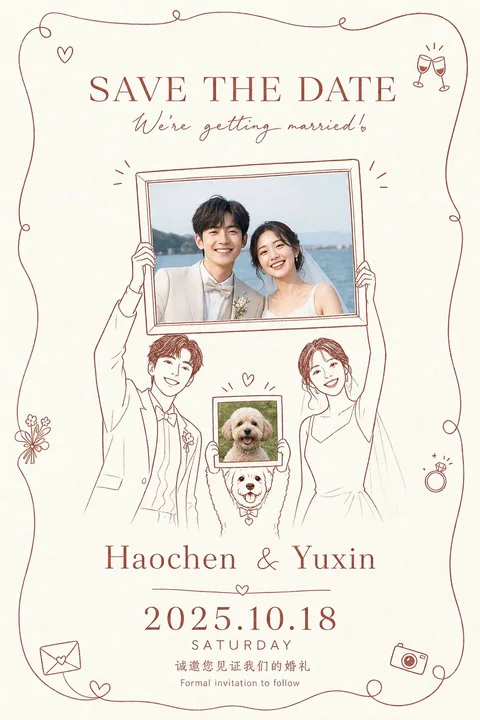 手绘线描婚礼预告请柬设计