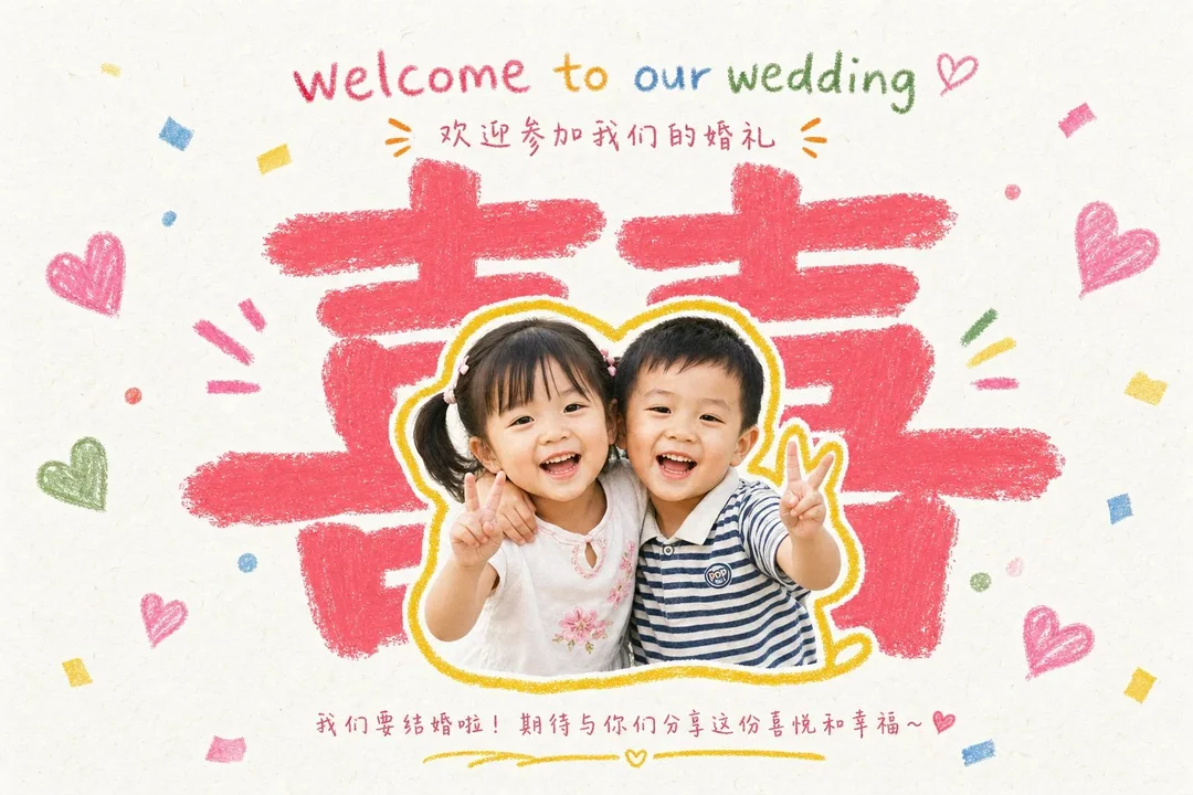童趣手绘拼贴婚礼邀请函插画