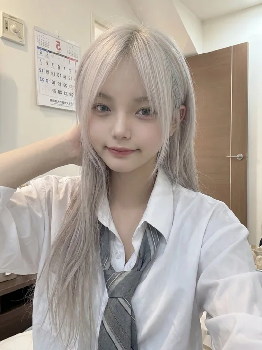 银发日本少女手机自拍写实风格