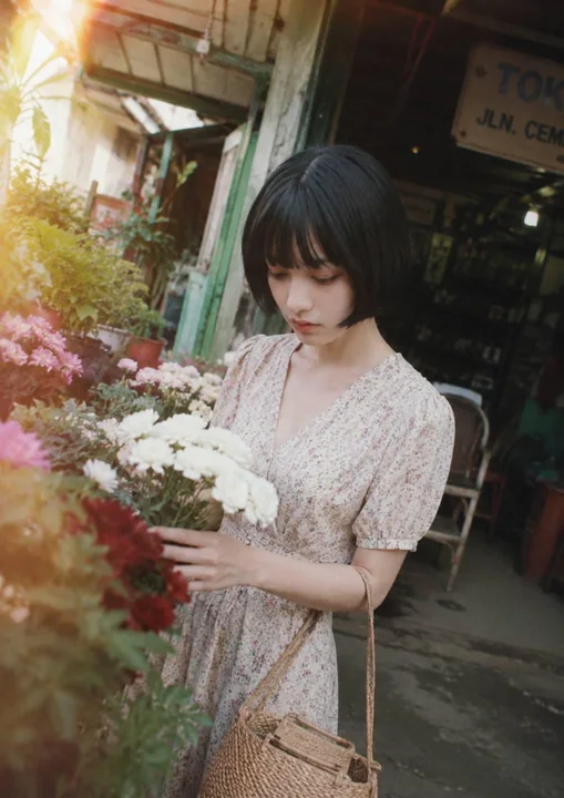 梦幻电影感街头少女赏花肖像