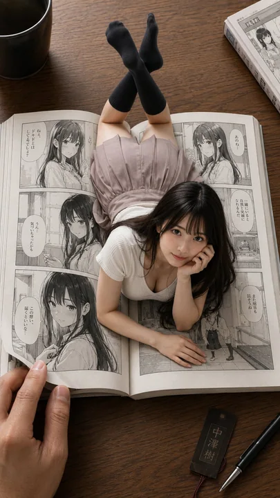 漫画少女破次元壁超写实俯拍视觉