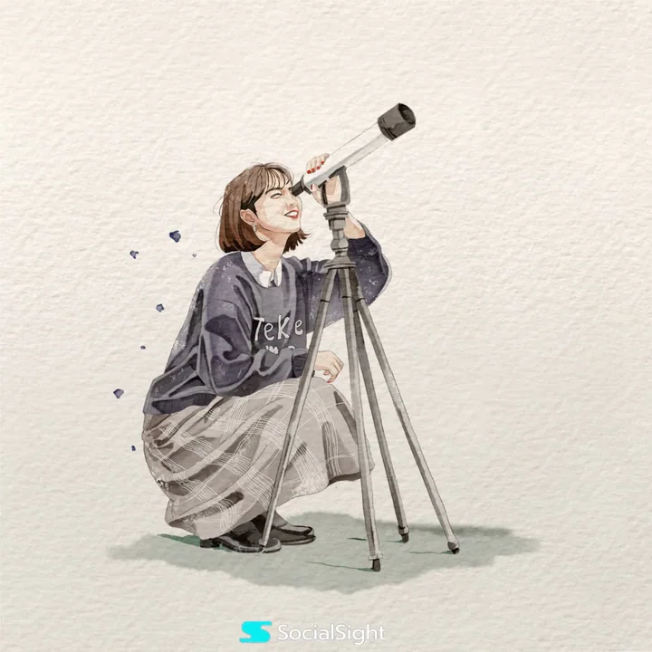 望远镜女孩手绘水彩插画
