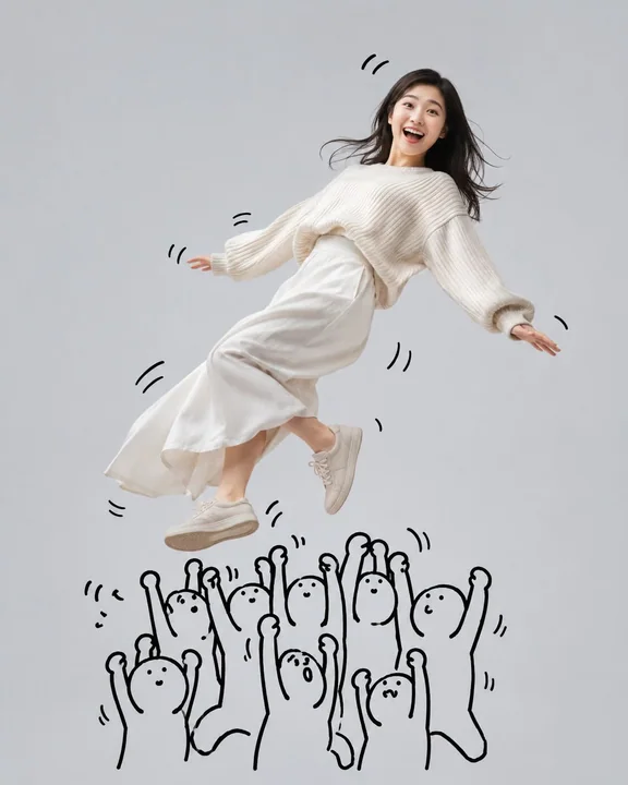 涂鸦小人举起漂浮女孩超写实摄影