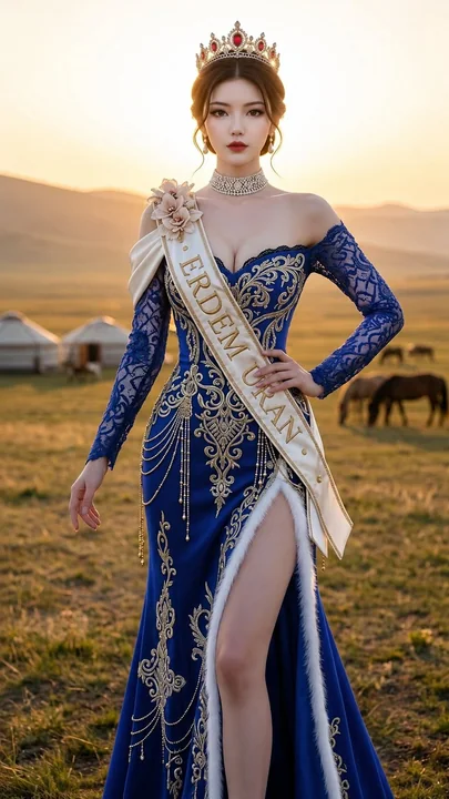 蒙古草原金色落日奢华选美皇后写真