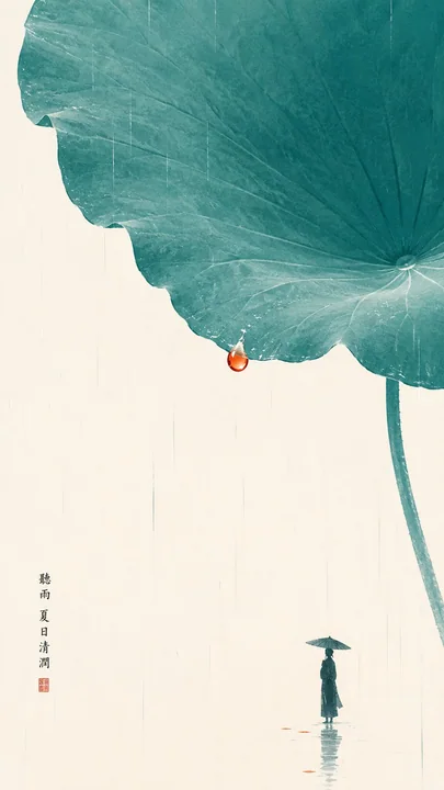 东方禅意极简荷叶听雨图